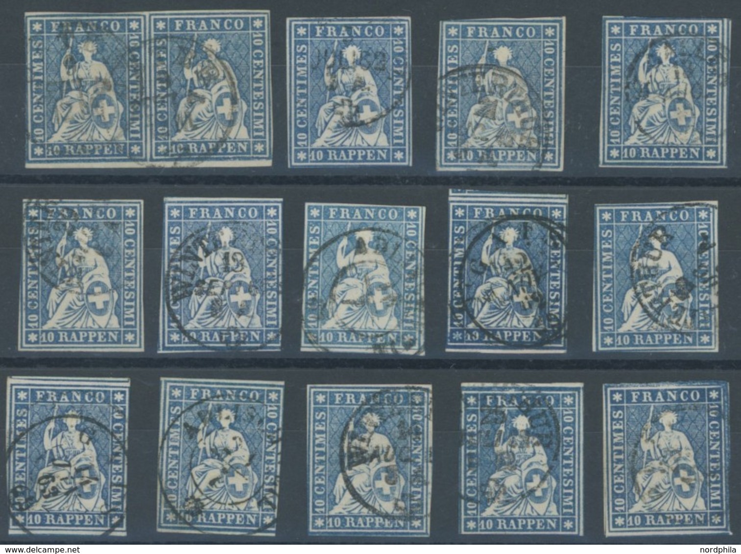 SCHWEIZ BUNDESPOST 14IIBym O, 1859, 10 Rp. Lebhaftblau, Berner Druck III, (Zst. 23G), 15 Prachtwerte In Nuancen, Dabei E - 1843-1852 Federal & Cantonal Stamps