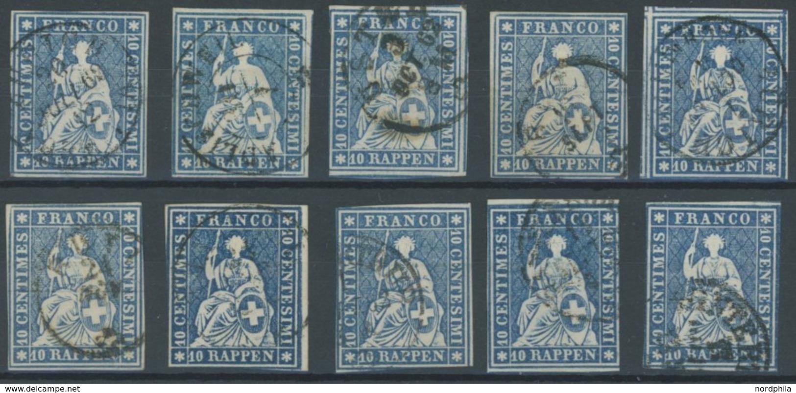 SCHWEIZ BUNDESPOST 14IIBym O, 1859, 10 Rp. Lebhaftblau, Berner Druck III, (Zst. 23G), 10 Prachtwerte In Nuancen - 1843-1852 Federal & Cantonal Stamps