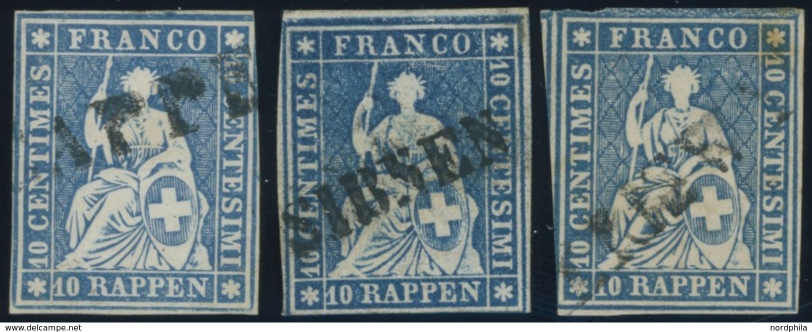 SCHWEIZ BUNDESPOST 14IIBym O, 1859, 10 Rp. Lebhaftblau, Berner Druck III, (Zst. 23G), 3 Werte Mit Verschiedenen L1, Meis - 1843-1852 Federal & Cantonal Stamps