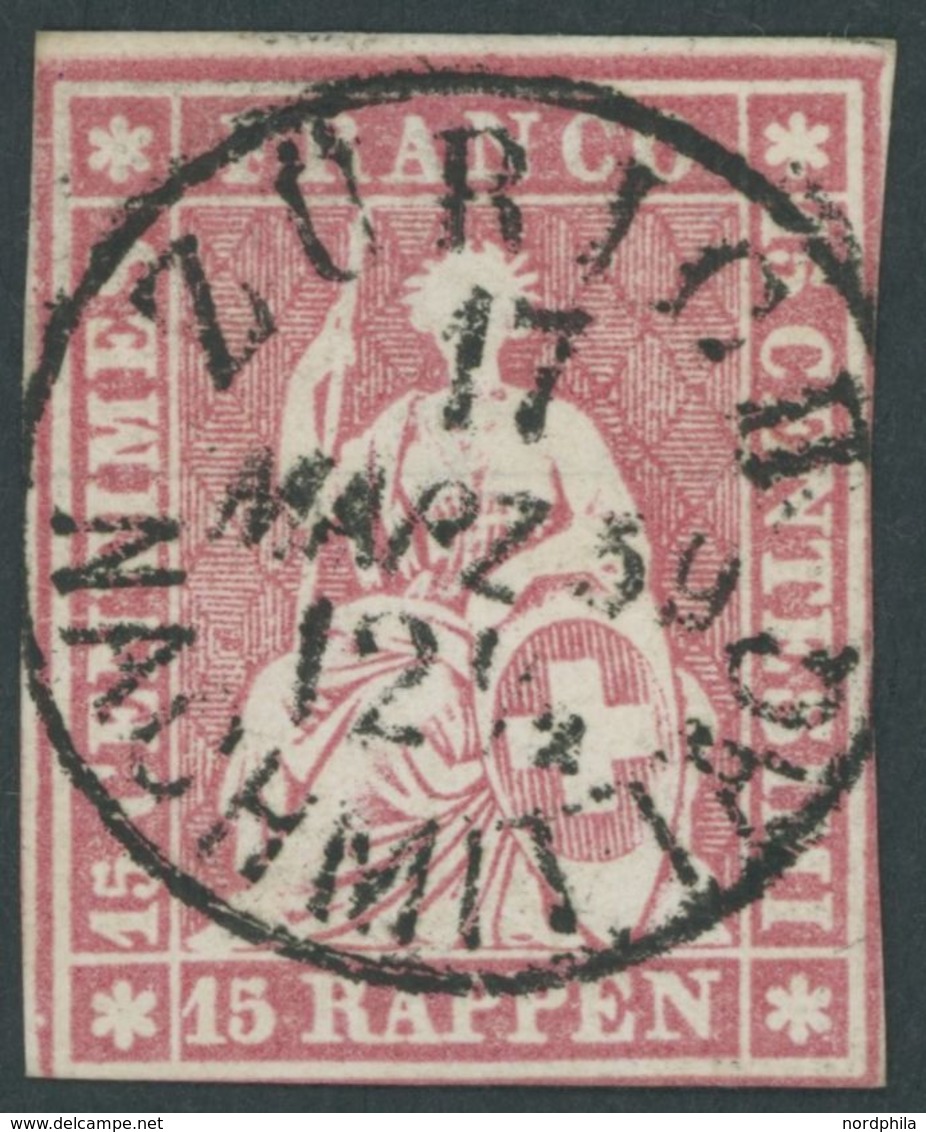 SCHWEIZ BUNDESPOST 15IIByp O, 1857, 15 Rp. Rosa, Blauer Seidenfaden, Berner Druck II, (Zst. 24D), Zentrisch ZÜRICH NACHM - 1843-1852 Federal & Cantonal Stamps