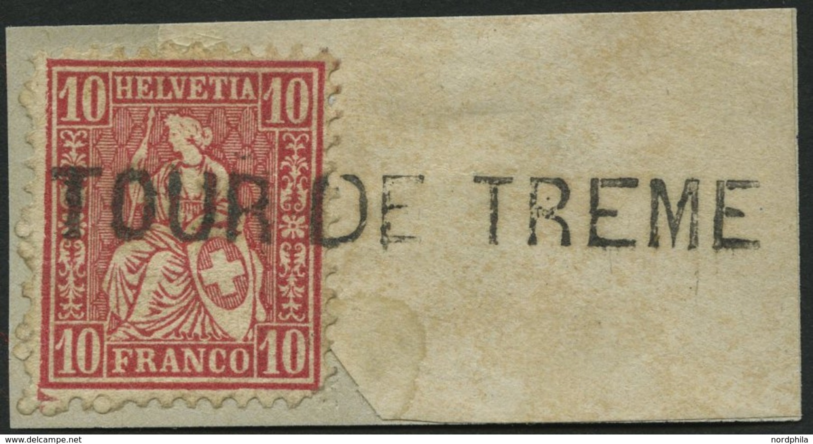 SCHWEIZ BUNDESPOST 30 BrfStk, 1867, 10 C. Rot Auf Briefstück Mit L1 TOUR DE TREME, Feinst - 1843-1852 Federal & Cantonal Stamps