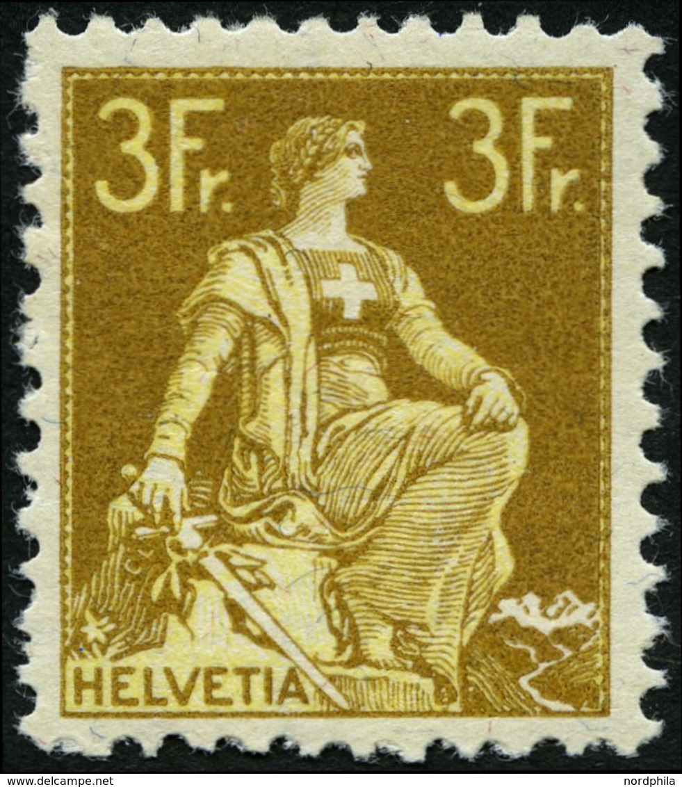 SCHWEIZ BUNDESPOST 110 *, 1908, 3 Fr. Schwärzlichgraugelb/mattgelb, Rauhe Zähnung, Falzreste, Pracht, Mi. 320.- - 1843-1852 Federal & Cantonal Stamps