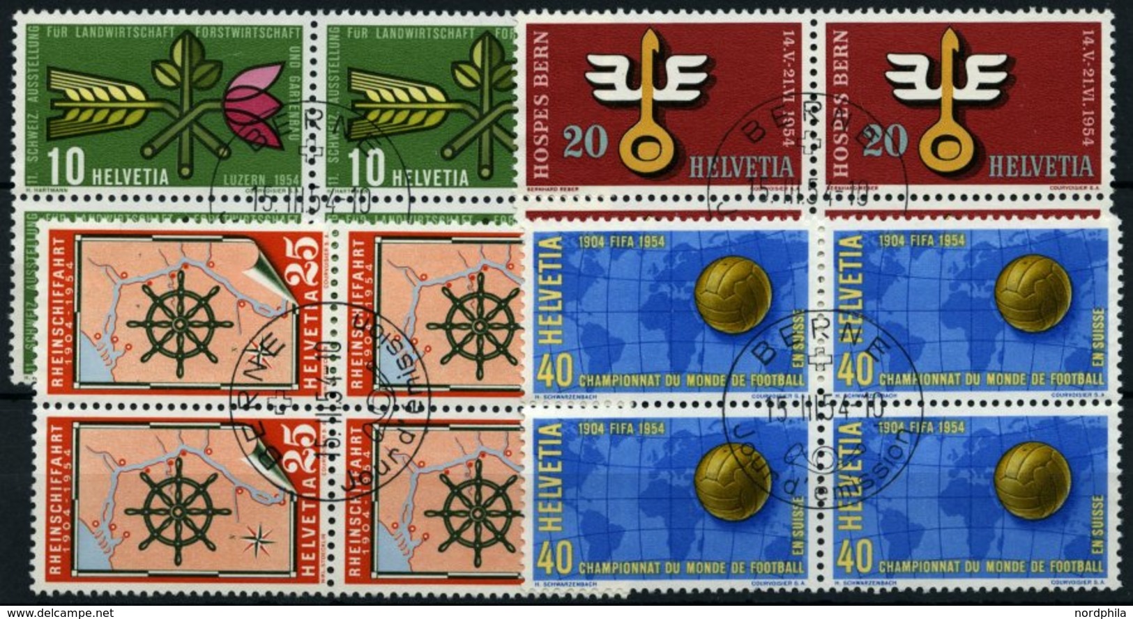 SCHWEIZ BUNDESPOST 593-96 VB O, 1954, Jahresereignisse In Viererblocks Mit Zentrischen Ersttagsstempeln (französich), Pr - 1843-1852 Poste Federali E Cantonali