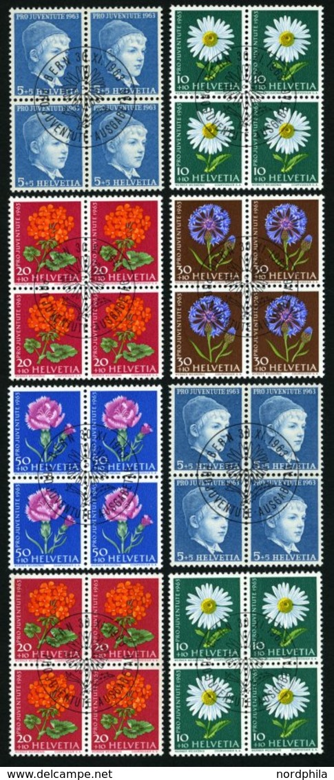 SCHWEIZ BUNDESPOST 786-90x,y VB O, 1963, Pro Juventute, Beide Papiere, In Viererblocks Mit Zentrischen Ersttags-Sonderst - 1843-1852 Federal & Cantonal Stamps