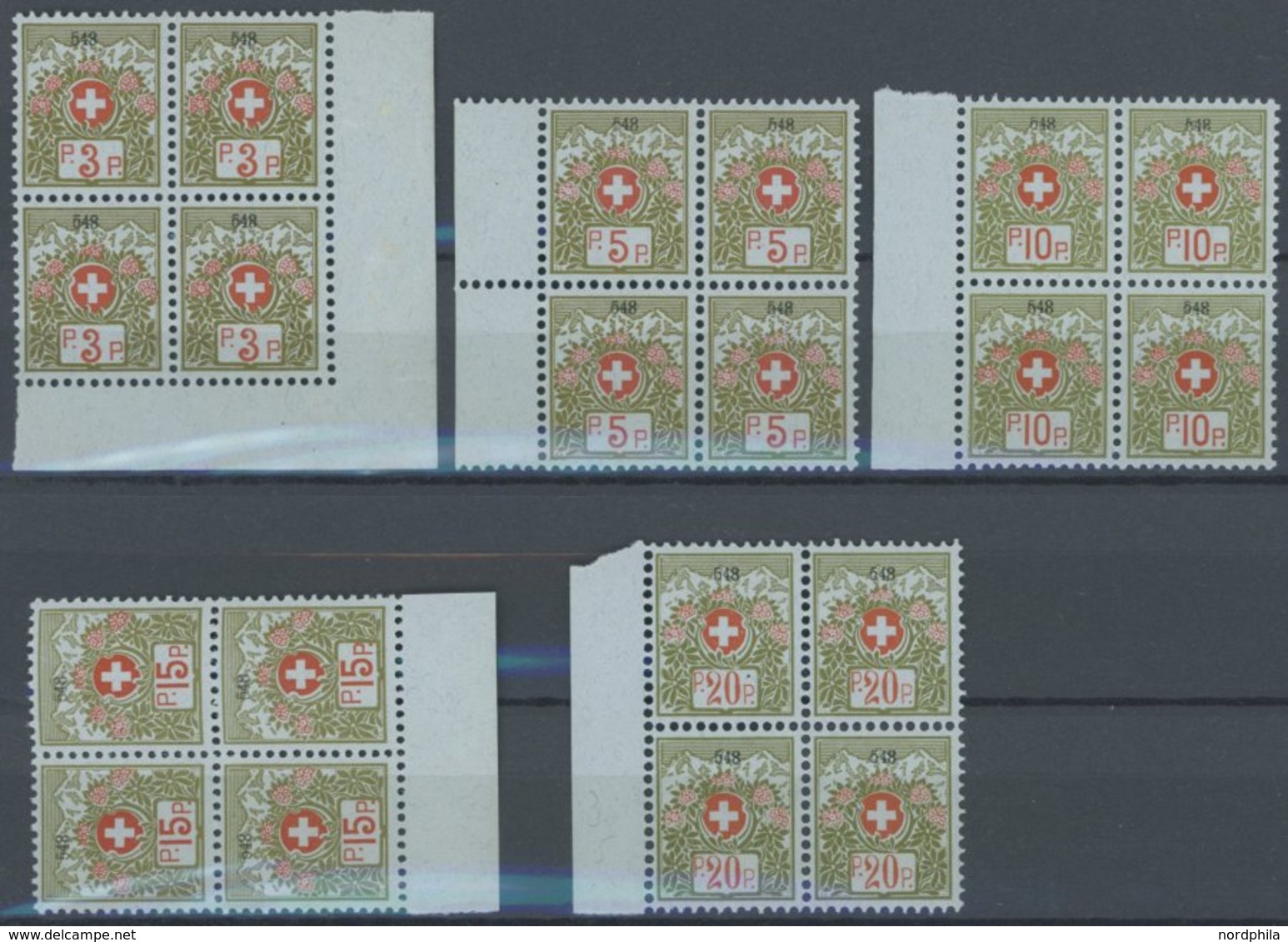 PORTOFREIHEITSMARKEN Pf 3-7I VB **, 1911-21, 3 - 20 C. Alpenrose, Kleine Kontrollnummer, 5 Postfrische Viererblocks, Pra - Franchise