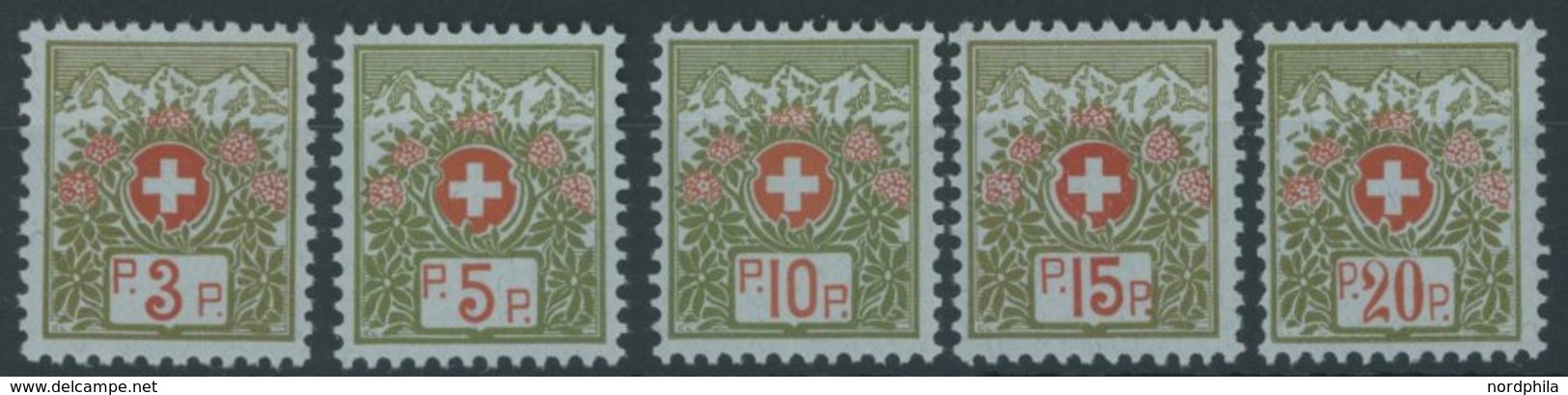 PORTOFREIHEITSMARKEN Pf 3-7II **, 1911-21, 3 - 20 C. Alpenrose, Ohne Kontrollnummer, 5 Postfrische Prachtwerte, Mi. 69.3 - Franquicia