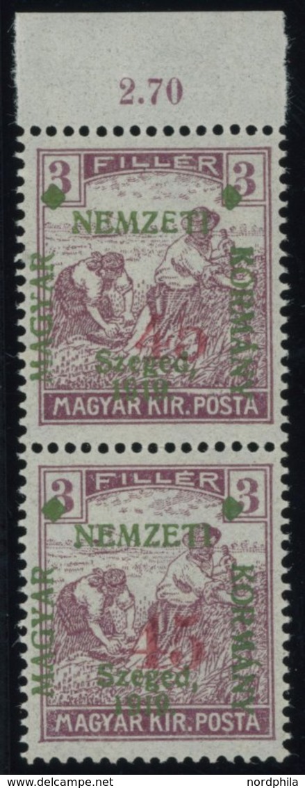 SZEGEDIN 41I,II **, 1919, 45 F. Auf 3 F. Rotlila, Beide Typen Zusammen Im Senkrechten Paar, Postfrisch, Pracht, R!, Mi.  - Szeged