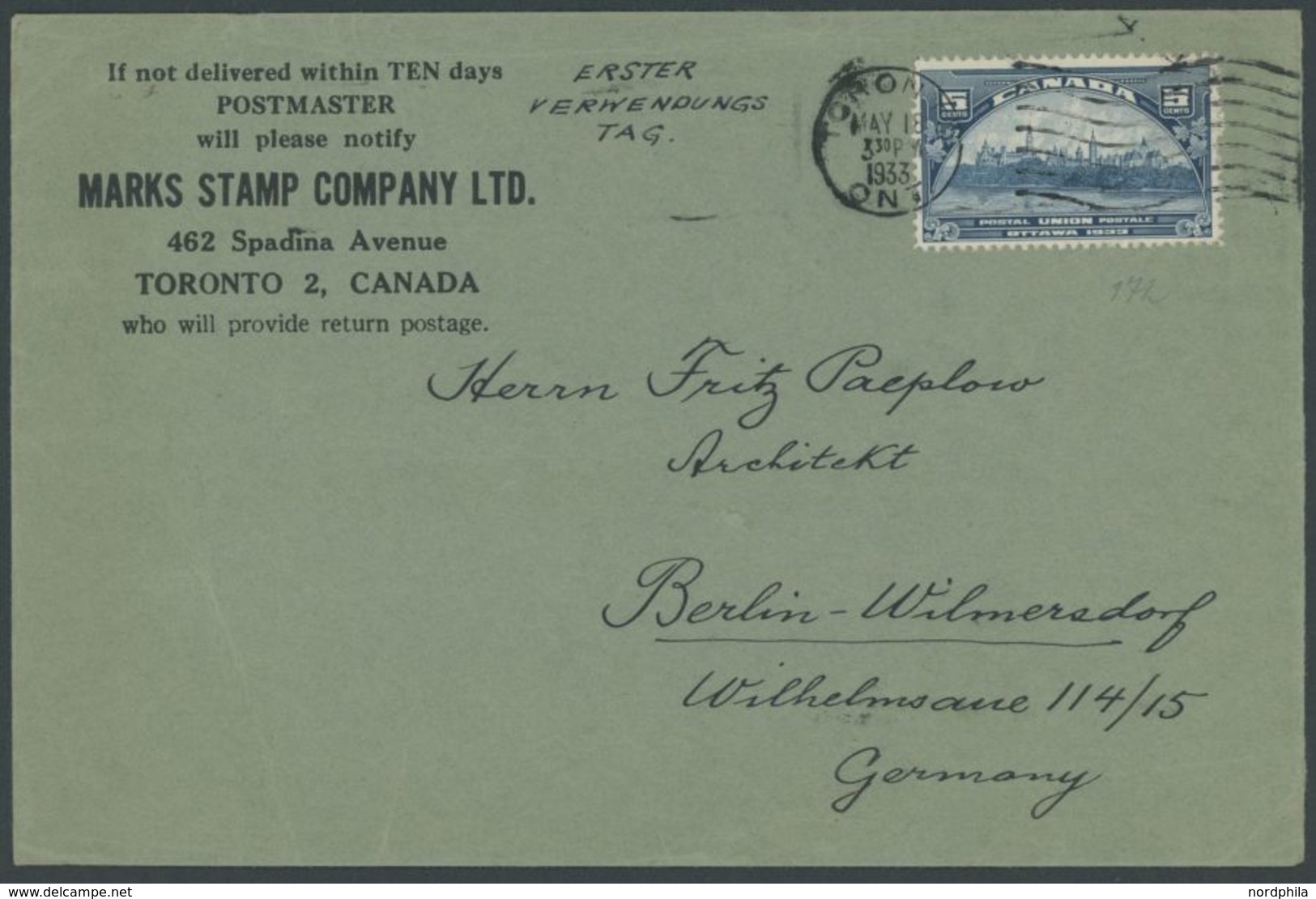 KANADA 172 BRIEF, 1933, 5 C. Postkonferenz Ottawa Auf Ersttags-Bedarfsbrief Nach Berlin, Feinst - Used Stamps