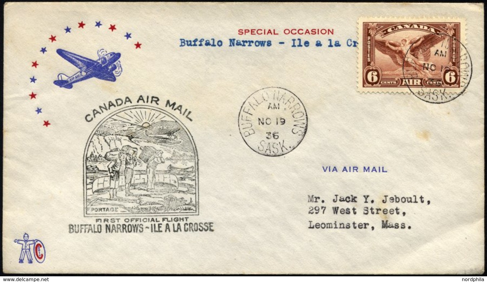 KANADA 196 BRIEF, 19.11.1936, Erstflug BUFFALO NARROWS-ILE A LA GROSSE, Prachtbrief, Müller 286 - Usados