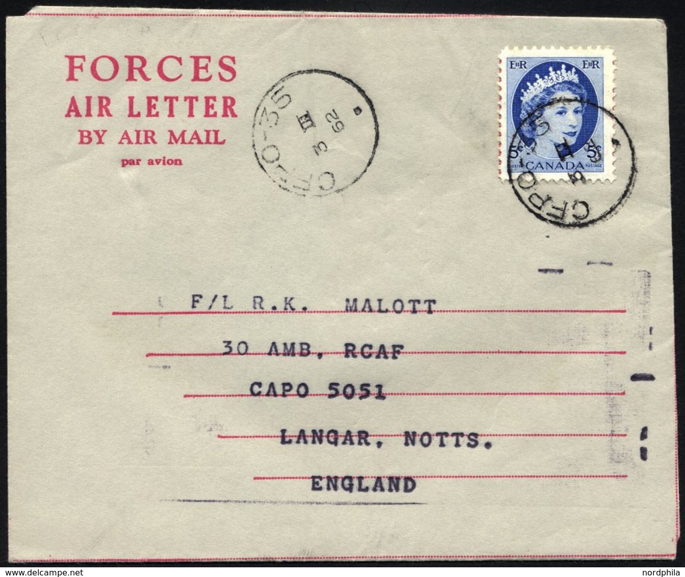 KANADA 294 BRIEF, 1962, 5 C. Hellblau Mit K1 CFPO-35 Auf Feldpost-Aerogramm Der UNEF MIDDLE EAST-Truppen Aus Gaza, Prach - Used Stamps