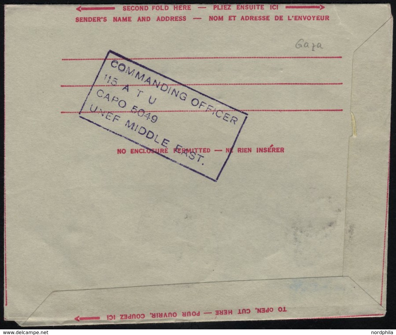 KANADA 294 BRIEF, 1962, 5 C. Hellblau Mit K1 CFPO-35 Auf Feldpost-Aerogramm Der UNEF MIDDLE EAST-Truppen Aus Gaza, Prach - Used Stamps