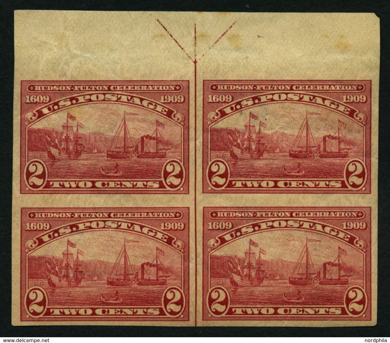 USA 177B VB **,* , Scott 373, 1909, 2 C. Entdeckung Und Dampfschiffahrt Auf Dem Hudson, Ungezähnt, 2 Oberrandstücke Im V - Used Stamps