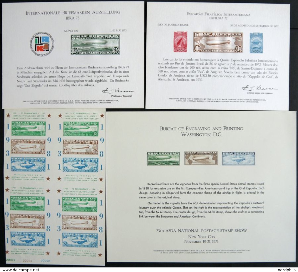 USA 1971-73, 3 Zeppelin-Gedenkbögen Für New York, Rio De Janeiro Und München Sowie Ausstellungsbogen Vom New Jersey Stam - Used Stamps