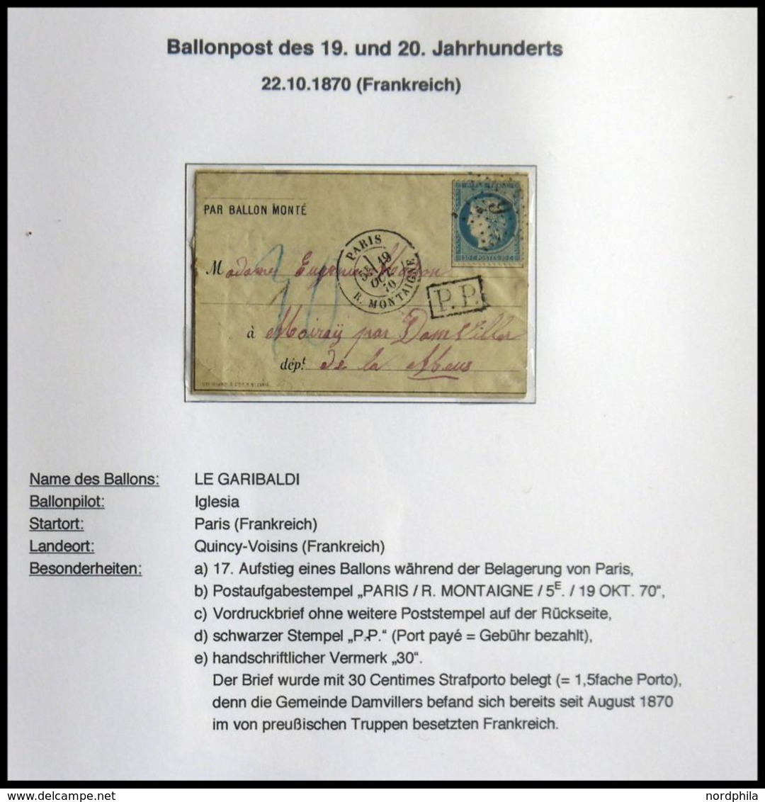 SONSTIGE MOTIVE 1870-2000, Ausstellungssammlung Ballonpost Mit Ca. 2500 Verschiedenen Belegen, Beginnend Mit 11 Ballon M - Sin Clasificación