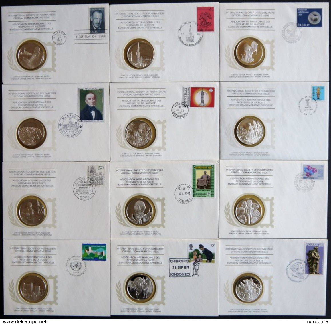 SONSTIGE MOTIVE 1978-80, 36 Verschiedene Ersttagsbriefe Der International Society Of Postmasters Mit Je Einer Medaille A - Non Classés
