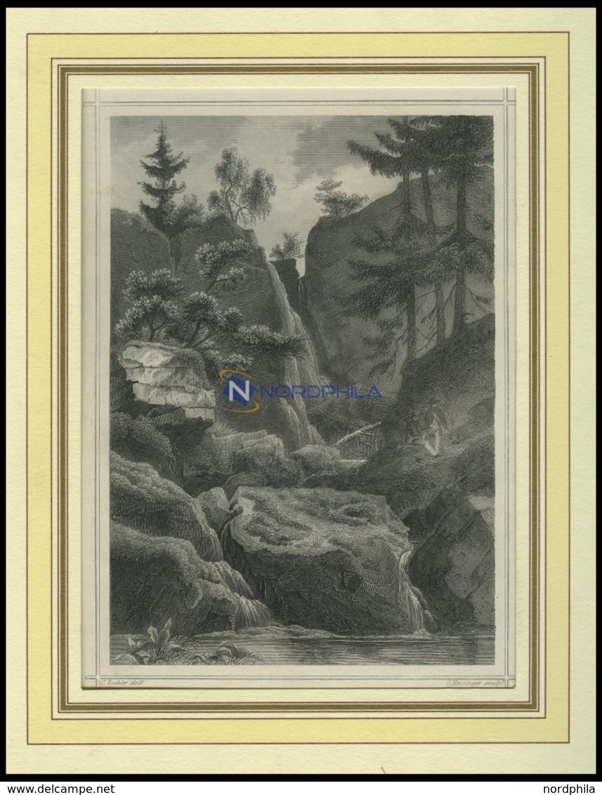 Bei LANGHENNERSDORF: Wasserfall, Stahlstich Von Koehler/Heisinger Um 1840 - Lithographies