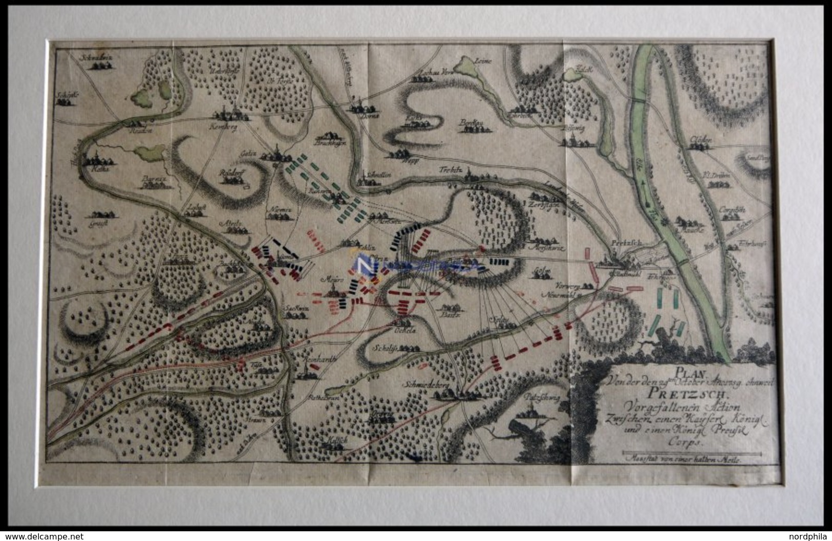 PRETZSCH, Belagerungsplan Mit Umgebung, Altkolorierter Kupferstich Von Ca. 1760 - Lithographies