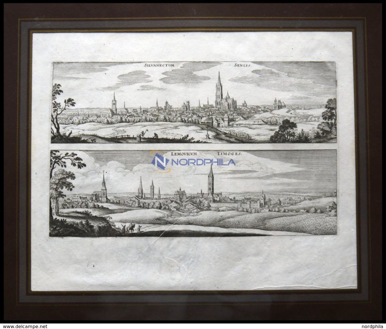 LIMOGES Und SENLIS, 2 Gesamtansichten Auf Einem Blatt, Kupferstich Von Merian Um 1645 - Litografía