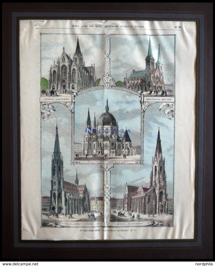 WIEN: Die Neuen Kirchen, 5 Ansichten A.einem Blatt, Kolorierter Holzstich Von Petrovits Um 1880 - Litografía