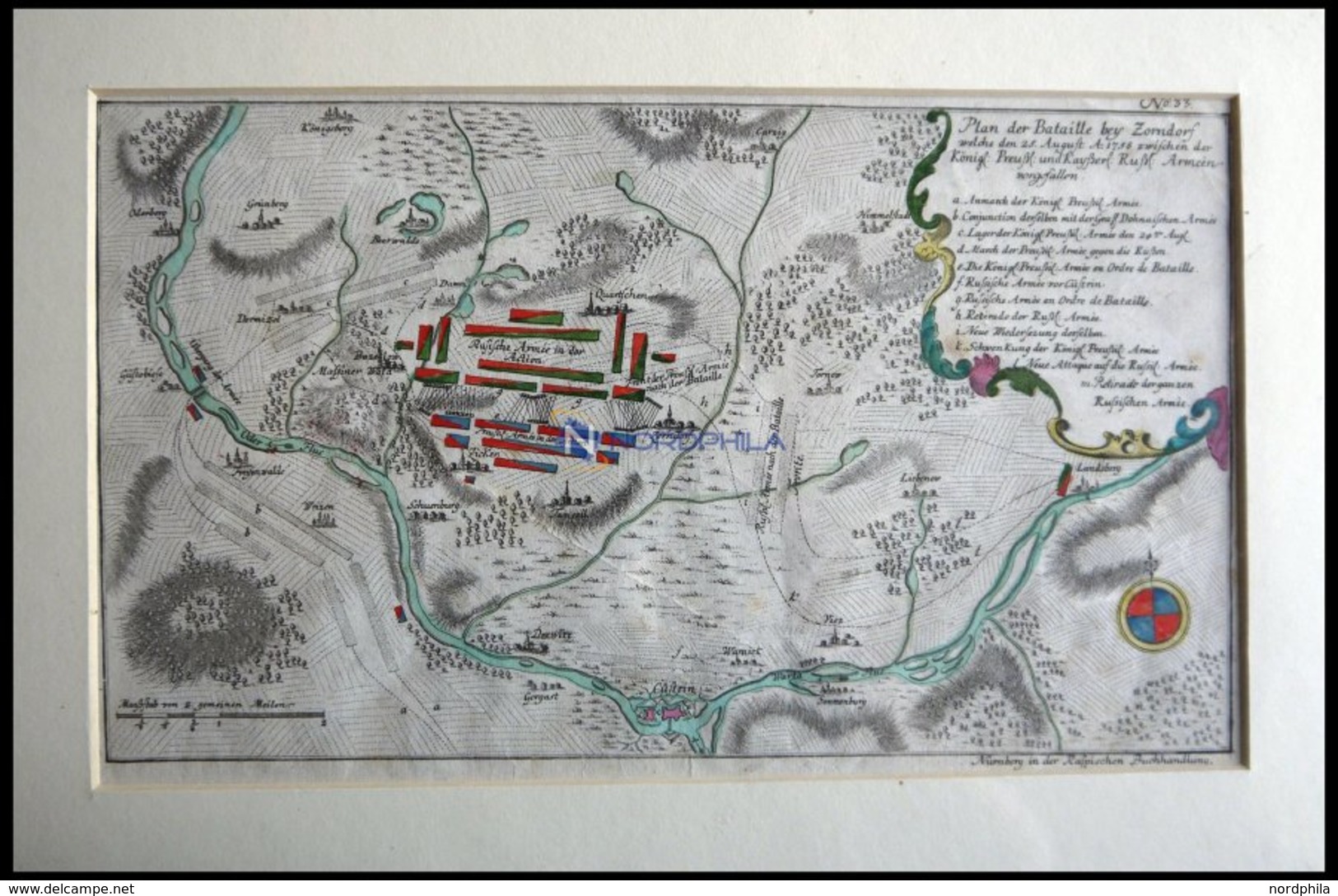 ZORNDORF, Schlacht Vom 25.8.1758 Mit Umgebung, Altkolorierter Kupferstich Von Ben Jochai Bei Raspische Buchhandlung 1760 - Litografía