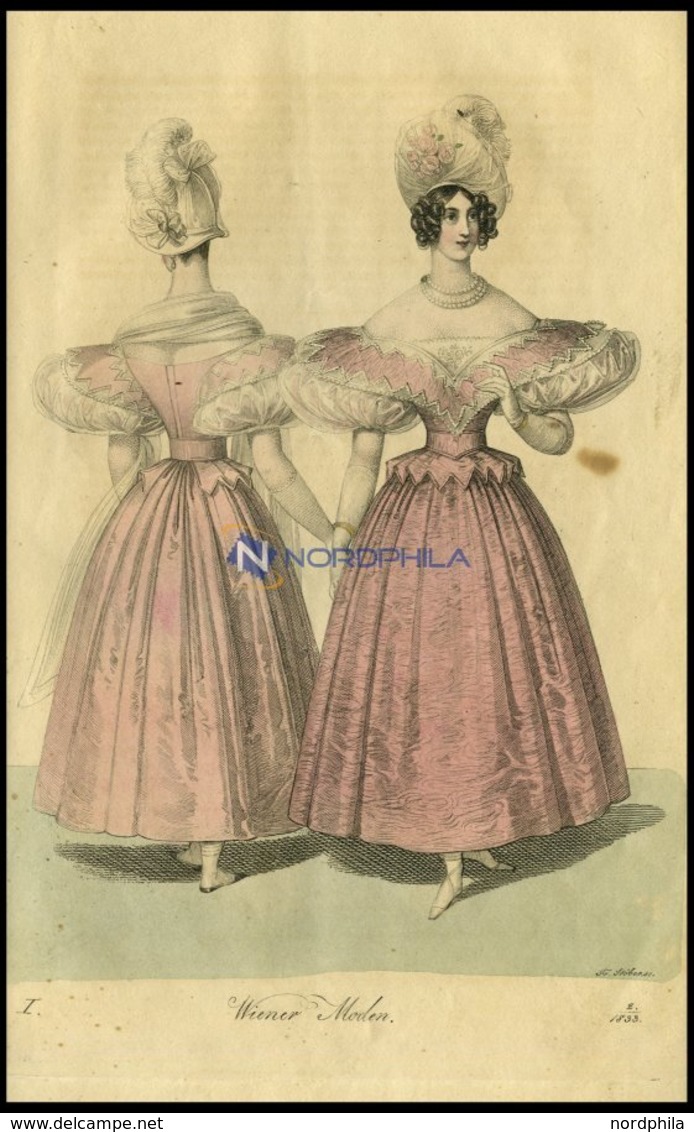 Wiener-Moden - Kleid Von Rosa Satin Chiné - Dazu Ein Atlas-Barret - (Vorder-und Rückenansicht) Vom Damenkleidermacher J. - Litografía
