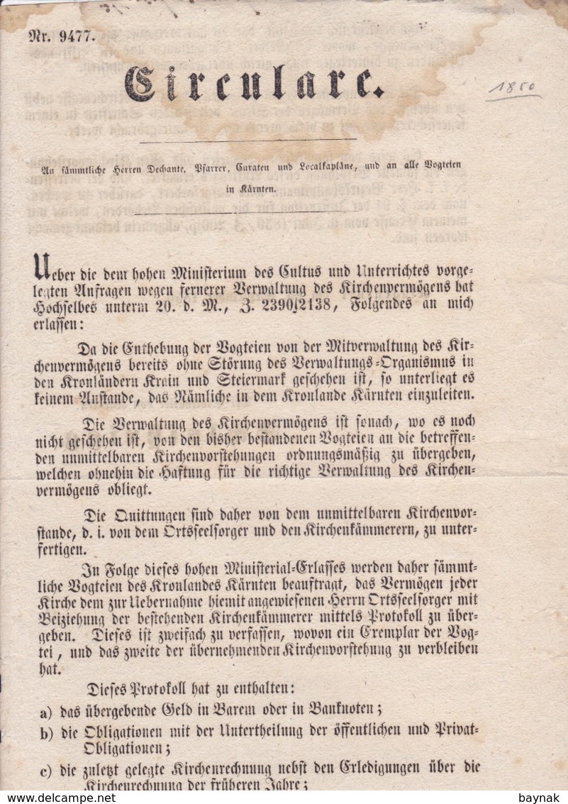 AUSTRIA  --  KLAGENFURT  --  CIRKULARE  --  1850   --  OLD DOCUMENT - Historische Dokumente