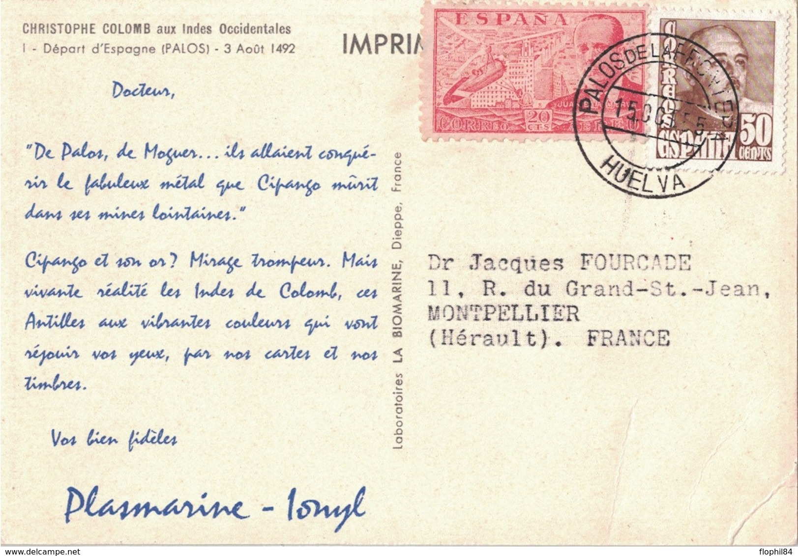 ESPAGNE - CROISIERE - PLASMARINE 1955 - IONYL - CHRISTOPHE COLOMB AUX INDES OCCIDENTAL - ESPAGNE. - Covers & Documents