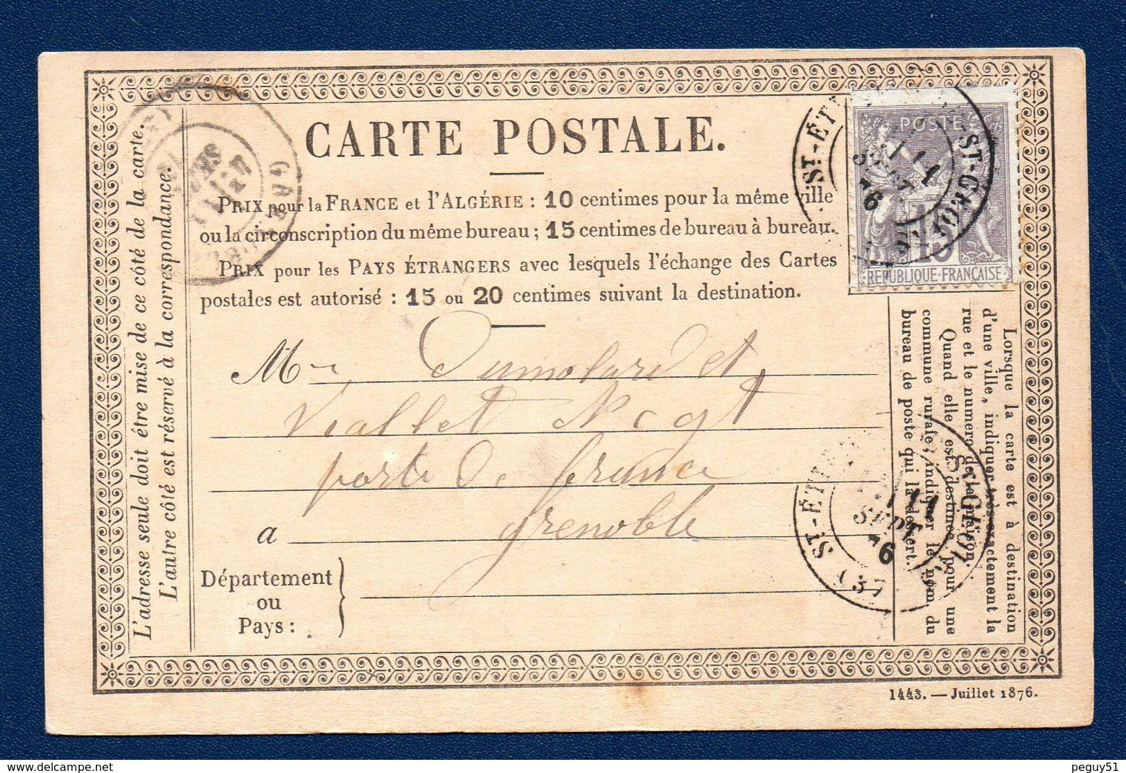 38. St. Etienne De St. Geoirs. C.P.Type 1873  N°. 25 ( 1443-Juil.1876). Timbre Sage 15 C Gris (66). 11 Sept.1876 - Other & Unclassified