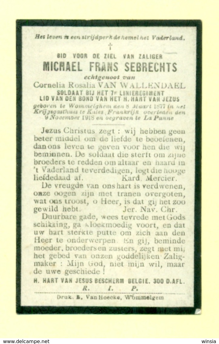 WO1 / WW1 - Doodsprentje Michael Frans Sebrechts - Wommelgem / Calais (FR) - Gesneuvelde - Obituary Notices