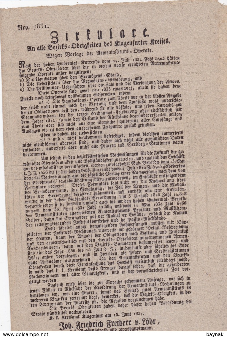 AUSTRIA  --  KLAGENFURT  --  CIRKULARE  --  1835   --  OLD DOCUMENT - Documentos Históricos