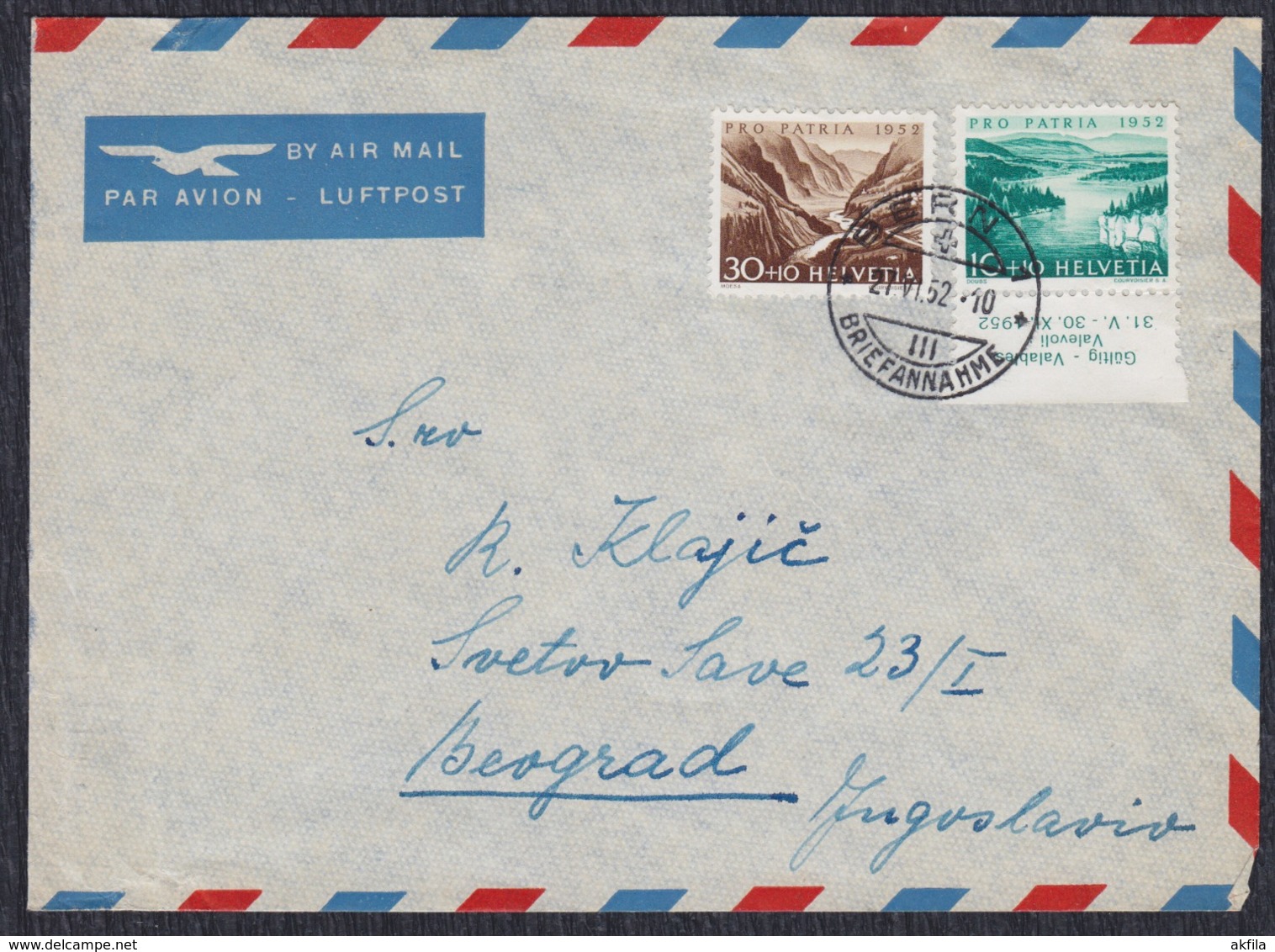 Switzerland 1952 Airmail Letter Sent From Bern To Beograd - Lettres & Documents