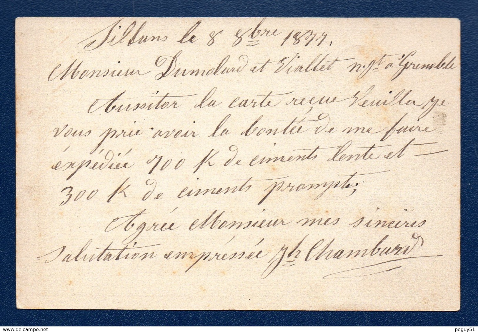 38.St. Etienne De St. Geoirs. C.P.Type 1873  N°. 30 ( 739-Avr.1877). Timbre Sage 15 C Gris (77). 8 Octobre 1877 - Andere & Zonder Classificatie