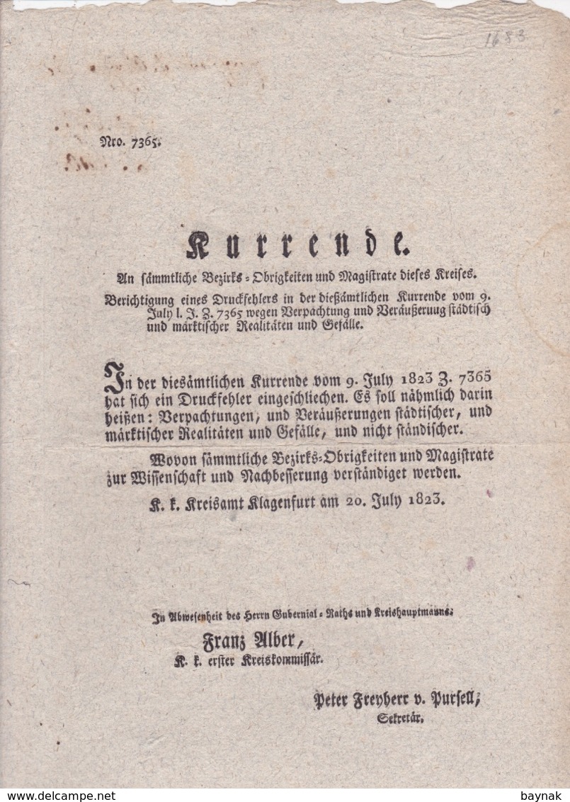 AUSTRIA  --  KLAGENFURT  --  ?URRENDE  --  1823  --  OLD DOCUMENT - Historische Dokumente