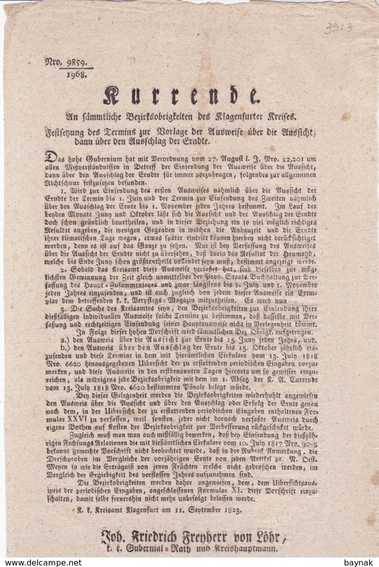 AUSTRIA  --  KLAGENFURT  --  ?URRENDE  --  1823  --  OLD DOCUMENT - Documents Historiques