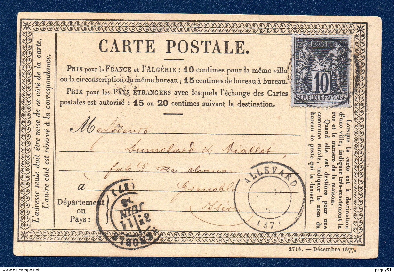 38. Allevard. C.P.Type 1873  N°. 34 ( 2718-Déc.1877). Timbre Sage 10 C Noir (89). Allevard-Grenoble 11 Juin 1878 - Allevard