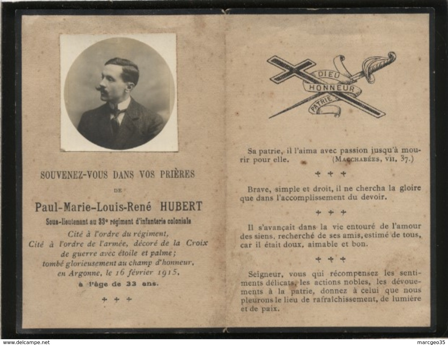 Paul Hubert Tombé Au Champ D'honneur En Argonne 16 Février 1915  Sous Lieutenant 33e RIC  Faire Part De Déces - War 1914-18