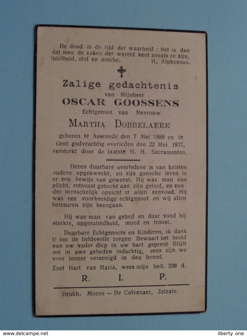 DP Oscar GOOSSENS ( Martha Dobbelaere ) Assenede 7 Mei 1888 - Gent 22 Mei 1937 ( Zie Foto's ) ! - Décès