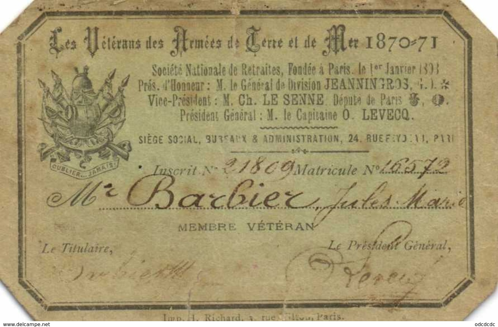 Les Veterans Des Armées De Terre Et De Mer 1870 71 Oublier .. Jamais RV - Documents Historiques