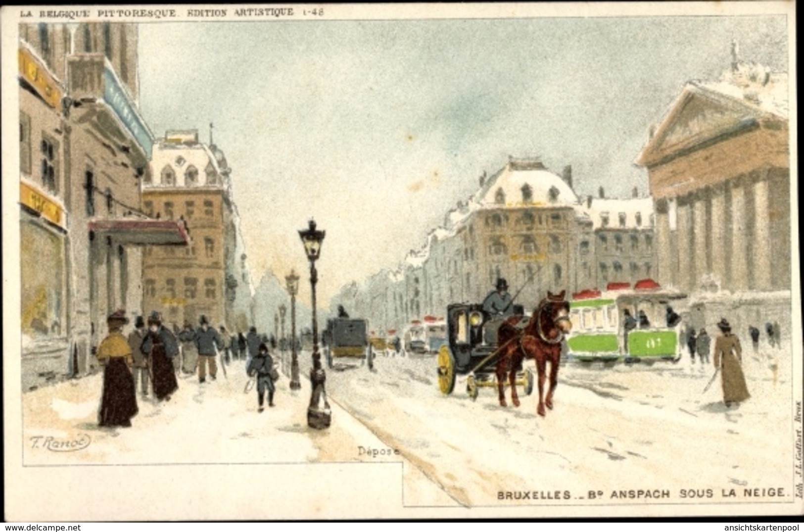 Artiste Cp Ranot, F., Bruxelles Brüssel, Anspach Sous La Neige, Tram, Kutsche - Bruxelles-ville