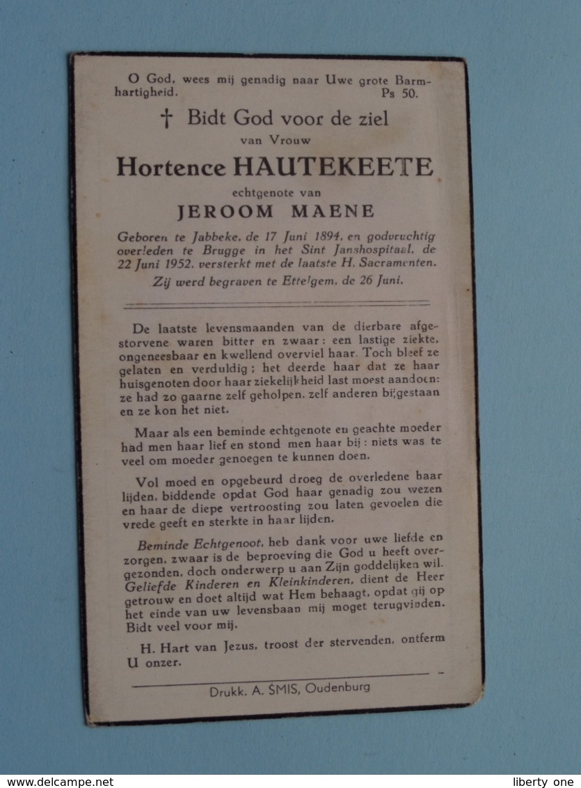 DP Hortence HAUTEKEETE ( Jeroom MAENE ) Jabbeke 17 Juni 1894 - Brugge 22 Juni 1952 ( Zie Foto's ) ! - Obituary Notices