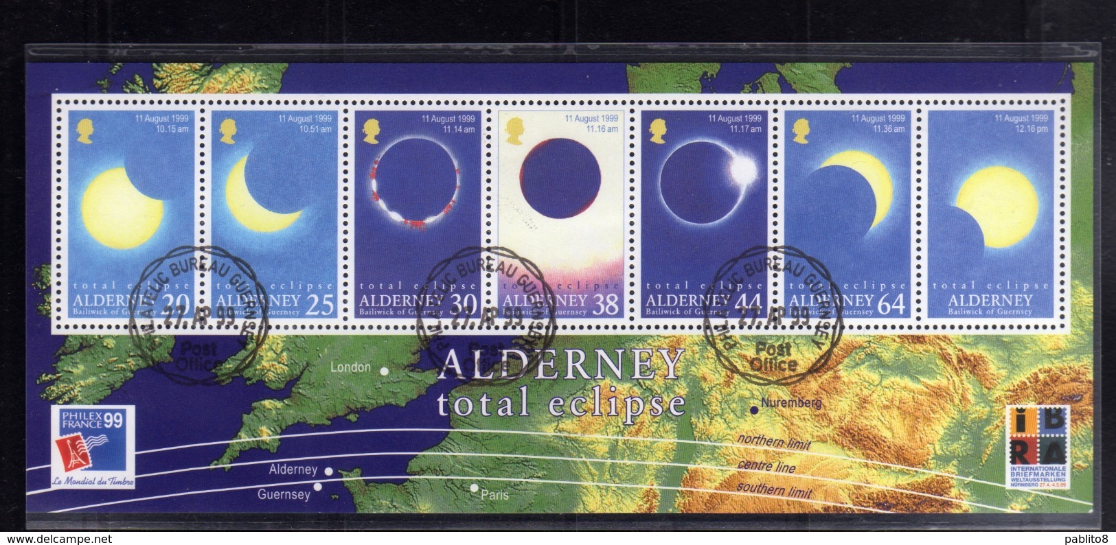 ALDERNEY 1999 TOTAL ECLIPSE ECLISSI TOTALE BLOCK SHEET BLOCCO FOGLIETTO FIRST DAY SPECIAL CANCEL FDC - Alderney