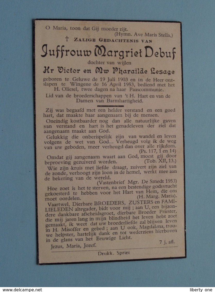 DP Juffrouw Margriet DEBUF ( Dochter V/. Lesage ) Geluwe 19 Juli 1903 - Wingene 16 April 1953 ( Zie Foto's ) ! - Obituary Notices