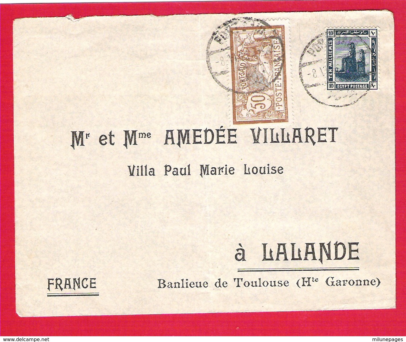 Superbe Enveloppe EGYPTE Protectorat Britannique Affranchissement Mixte Merson Port Saïd 50c.Brun YT31 + 10 Millièmes - 1915-1921 British Protectorate