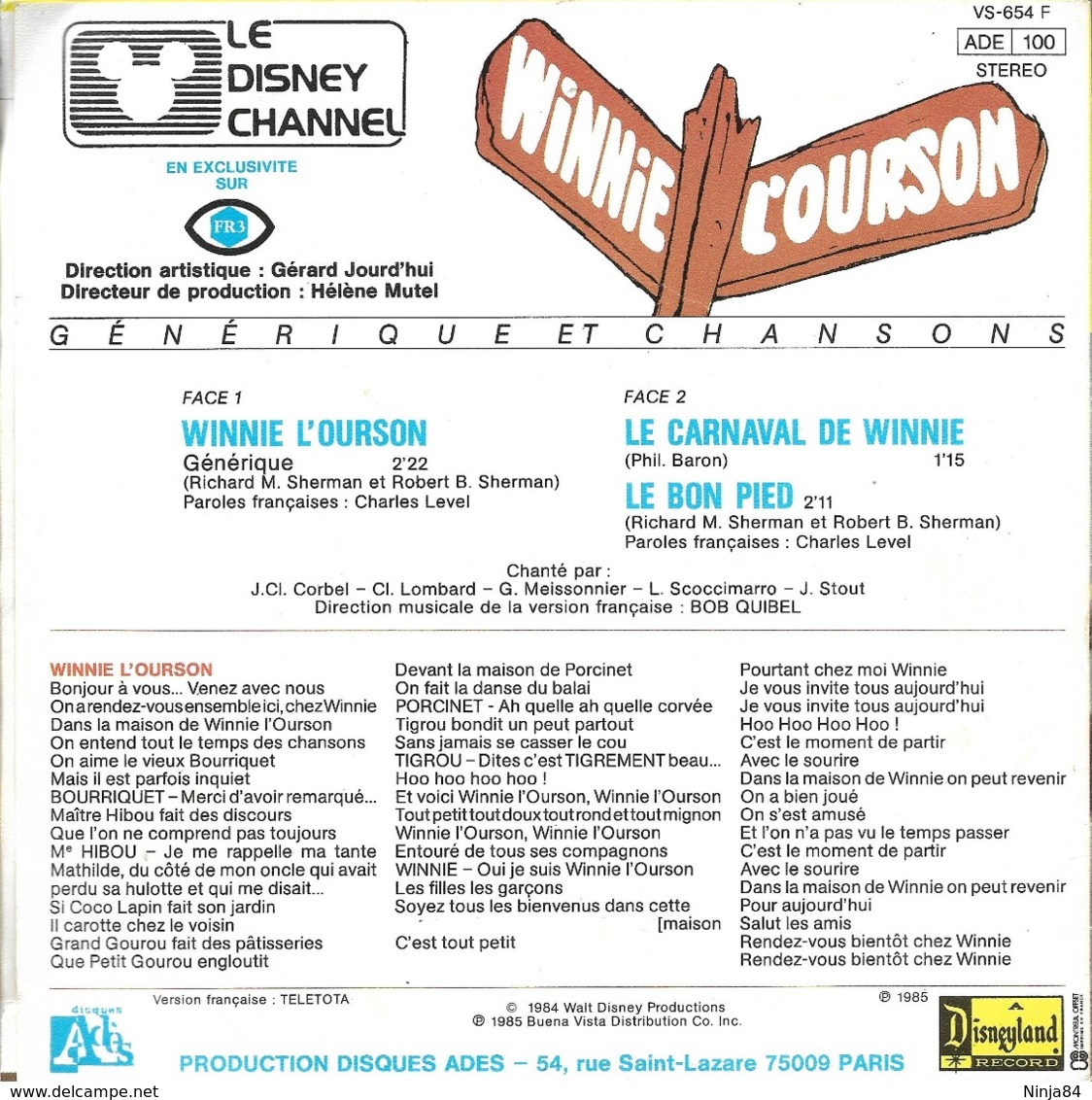 EP 45 RPM (7")  B-O-F  Jean-Claude Corbel  "  Winnie L'ourson  " - Música De Peliculas