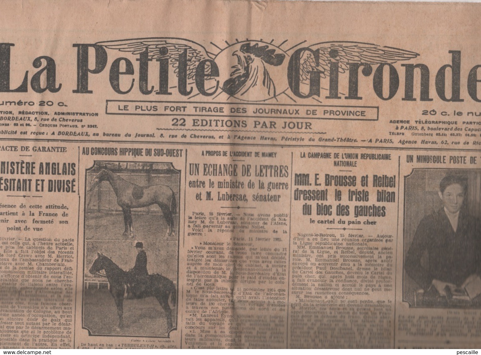 LA PETITE GIRONDE 16 02 1925 - NIAMEY - URN - T.S.F.- MAJORATION 10% IMPOTS - ARISTIDE BRUANT - AGEN - VILLENEUVE S/ LOT - Testi Generali