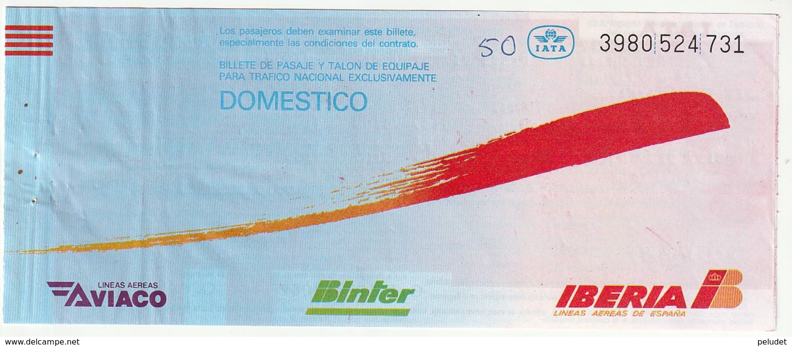 PASSENGER TICKET - BILLETE DE PASAJE / AVICO BINTER IBERIA - DOMESTICO 1992 - Europe