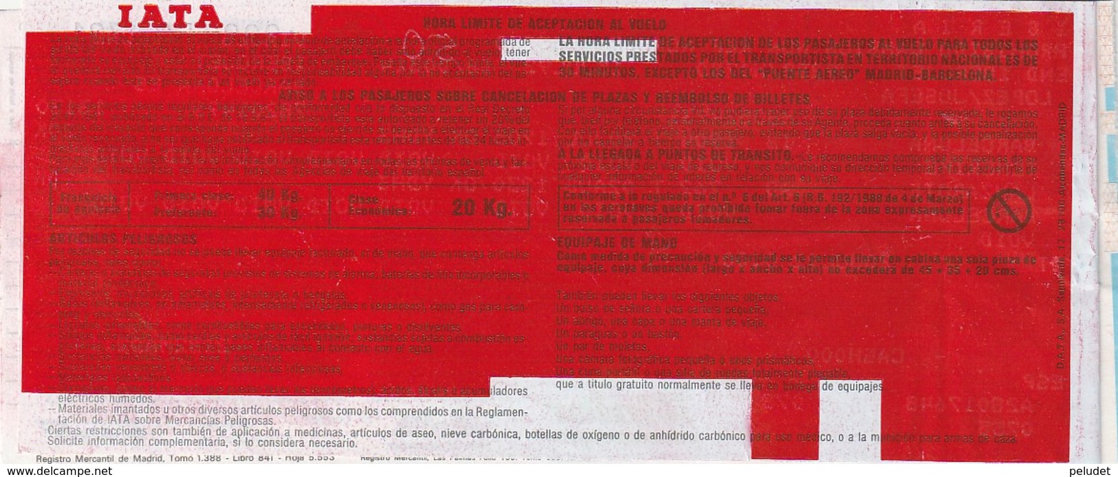 PASSENGER TICKET - BILLETE DE PASAJE / AVICO BINTER IBERIA - DOMESTICO 1992 - Europa