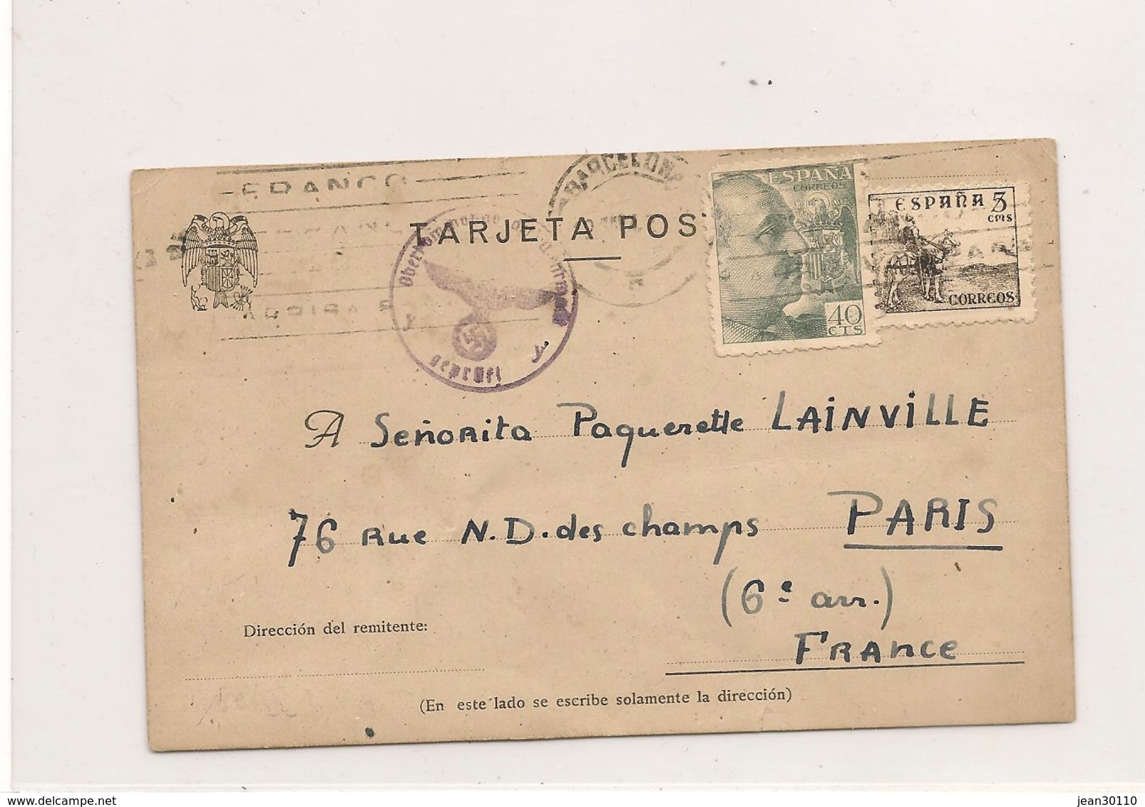 FRANCE 1943 CARTE-LETTRE DE BARCELONE POUR PARIS - Guerre De 1939-45
