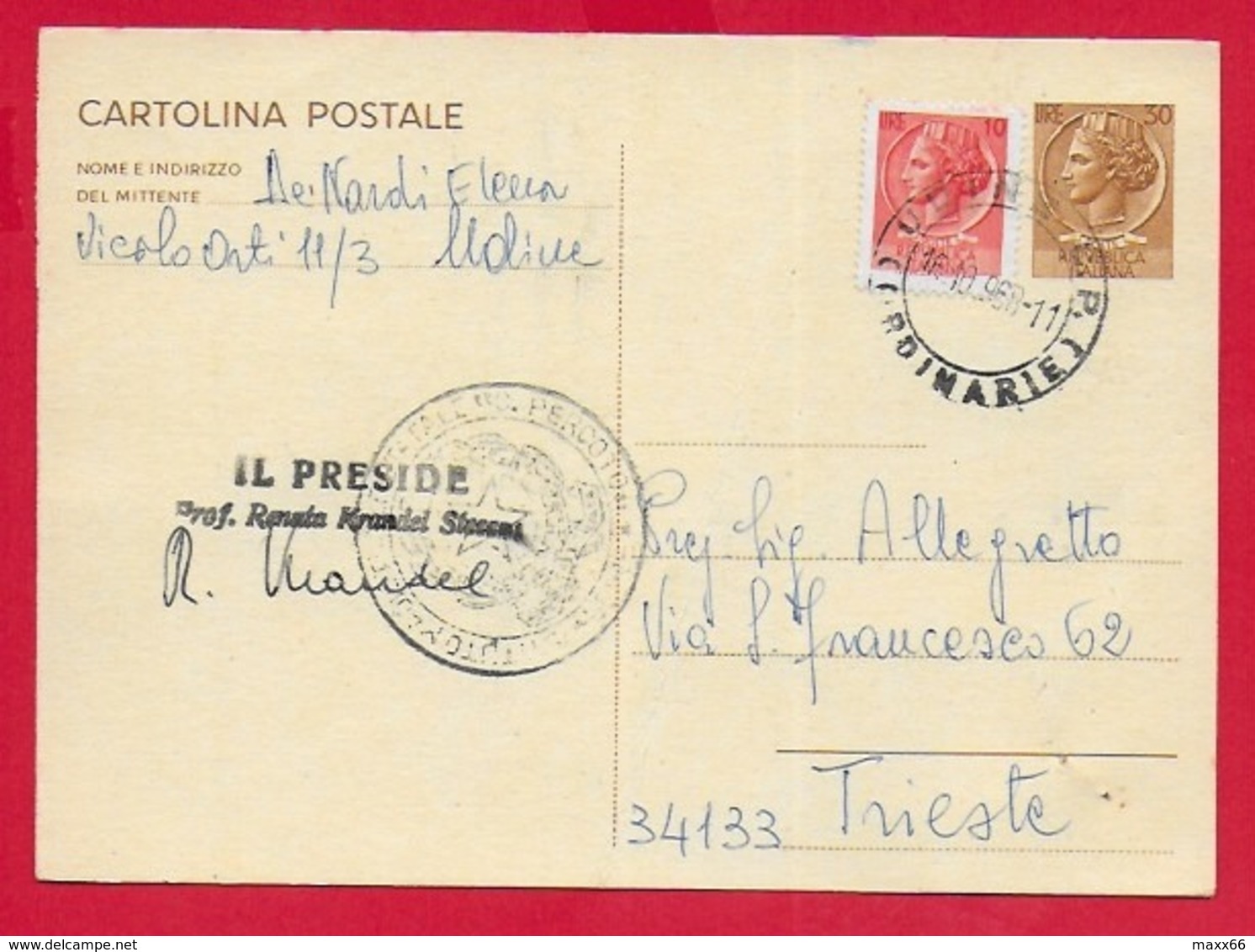 ITALIA - 1965 CARTOLINA POSTALE VG - Siracusana £ 30 - U. CP167 - ANN. 1968 UDINE - ISTITUTO MAGISTRALE PERCOTO - Entero Postal