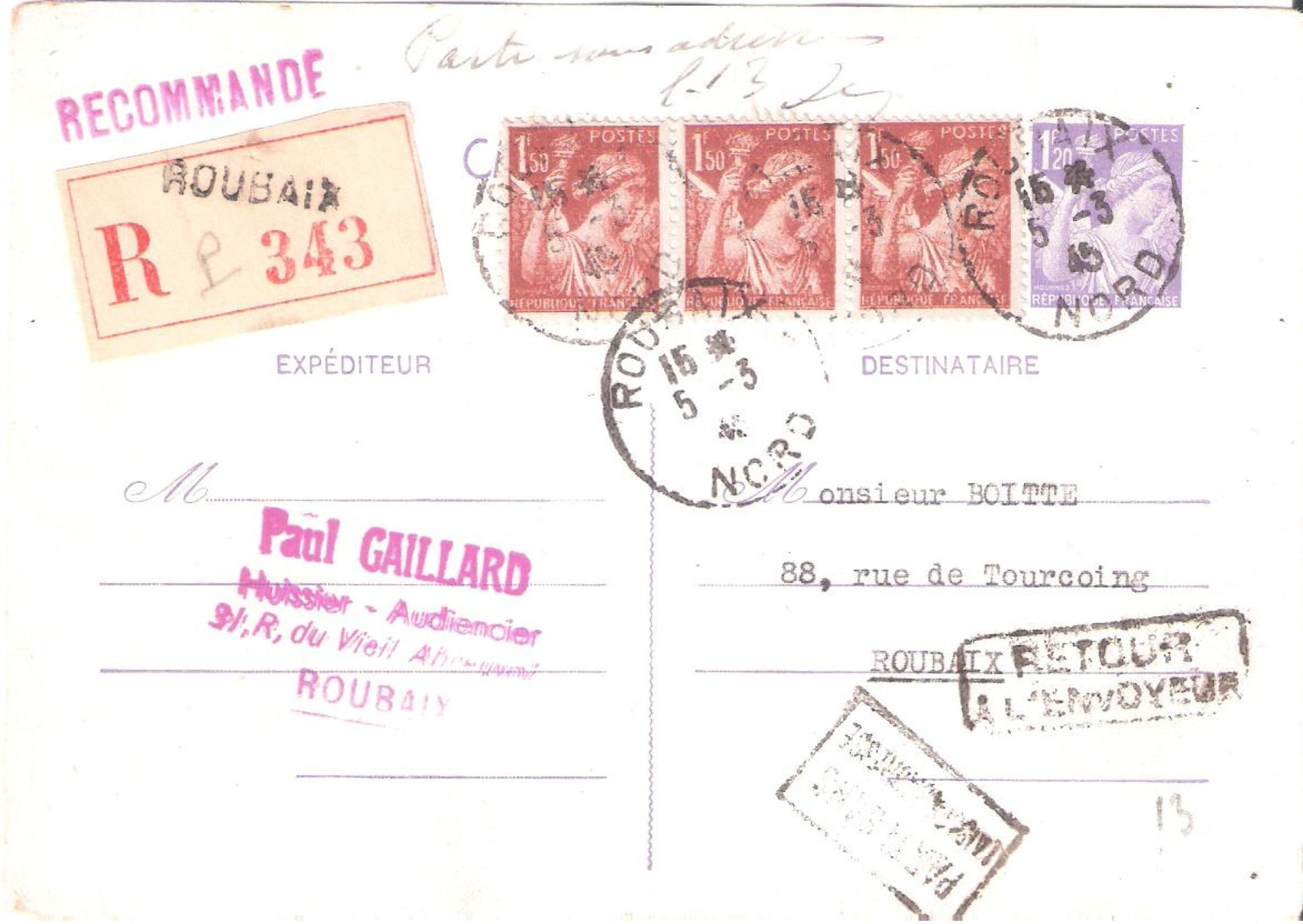 Affranchissement Divers Sur Carte Postale Recommandée Oblitéré ROUBAIX Dateur A4 - 1921-1960: Periodo Moderno